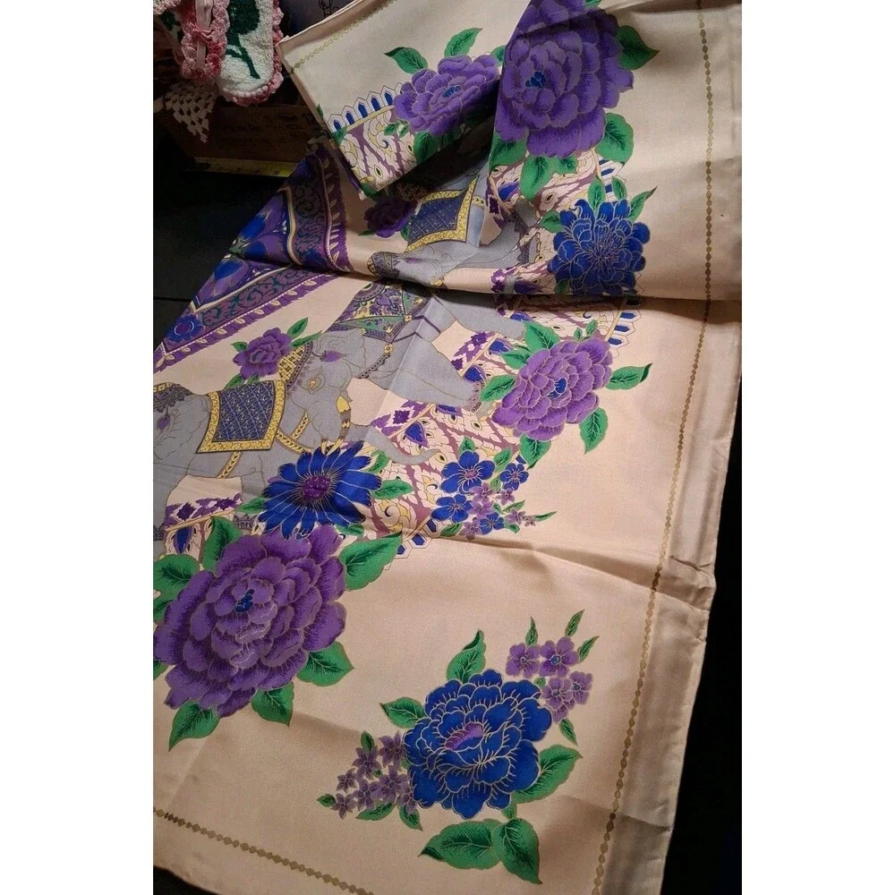 Vintage Thai Silk Scarf Elephants 100% Silk ~36